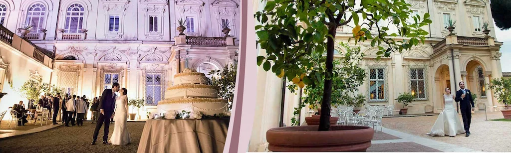 Terrazza di una villa storica con limone in vaso e torta nuziale