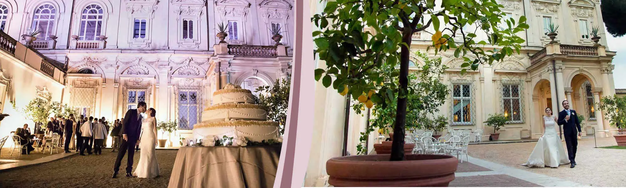 Terrazza di una villa storica con limone in vaso e torta nuziale